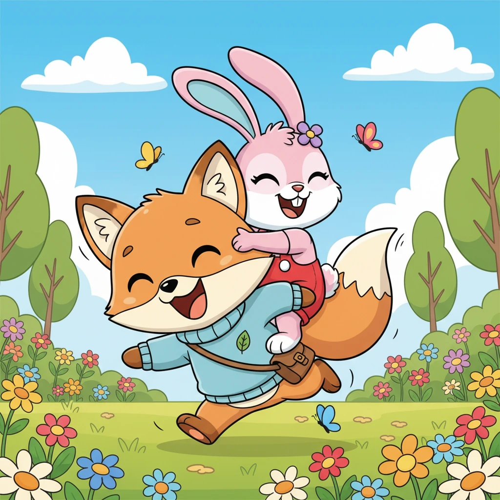 They chased butterflies through a field of wildflowers, their laughter echoing through the park. Foxy gave Pip a piggyback ride, and Pip squealed with joy as they zoomed past the tall trees. The park had never felt so full of fun and friendship.