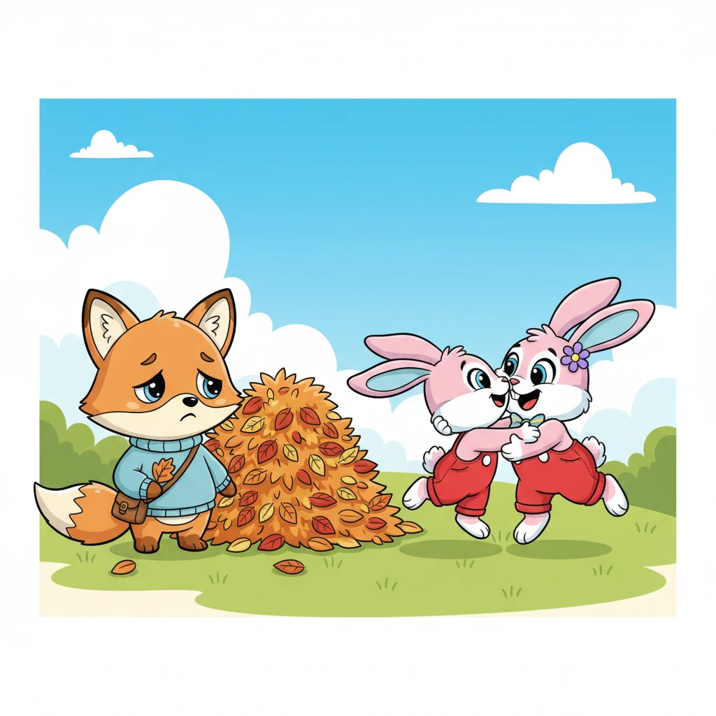 Just as they were building a magnificent leaf pile, a concerned-looking Mama Bunny hopped into view. "Pip!" she exclaimed, relief washing over her face. Pip immediately ran to Mama Bunny for a big hug, while Foxy watched, a tiny bit sad that the fun might be over.
