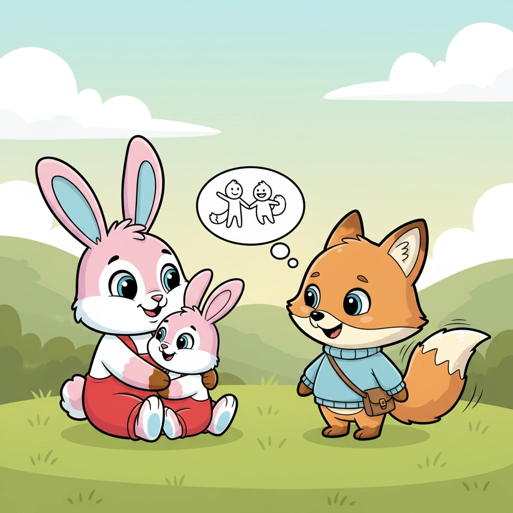 Mama Bunny thanked Foxy warmly for keeping Pip company. Pip, still snuggled in Mama Bunny's embrace, looked at Foxy with a bright smile. "Will you play with me again tomorrow, Foxy?" Pip asked, and Foxy's tail wagged furiously, knowing they weren't lonely anymore.