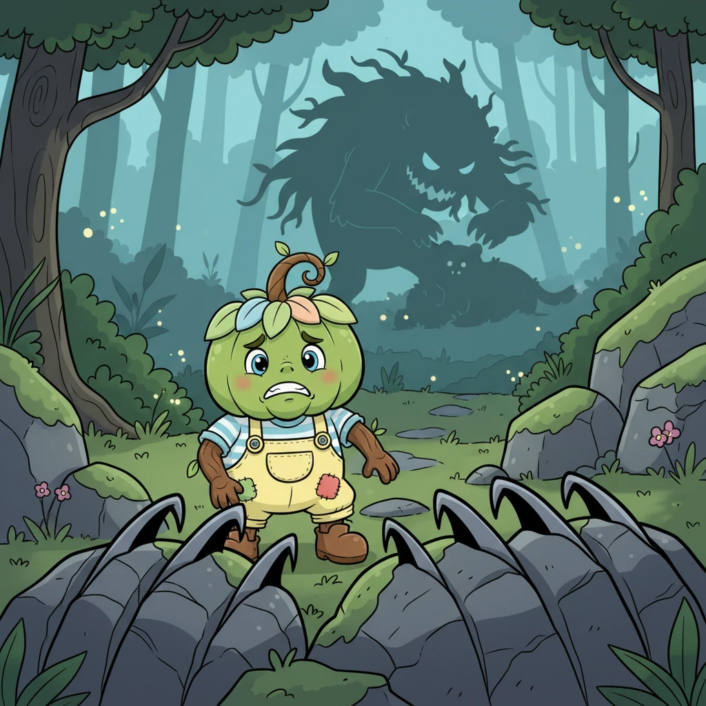 With a worried but determined expression, Marten follows giant, jagged claw marks carved into ancient, mossy rocks. In the distance, a large, shadowy figure—Tom, now a monstrous form—is seen hunched over something, eating a bear.