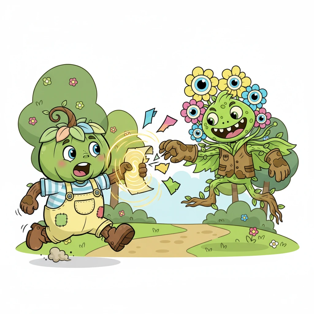 Marten, mid-chant, holds out the ritual paper, which glows brightly with magical energy. Suddenly, the monstrous, flower-possessed creature (Tom) leaps towards him, tearing the paper into four colorful, fluttering pieces as Marten recoils in surprise and runs away.