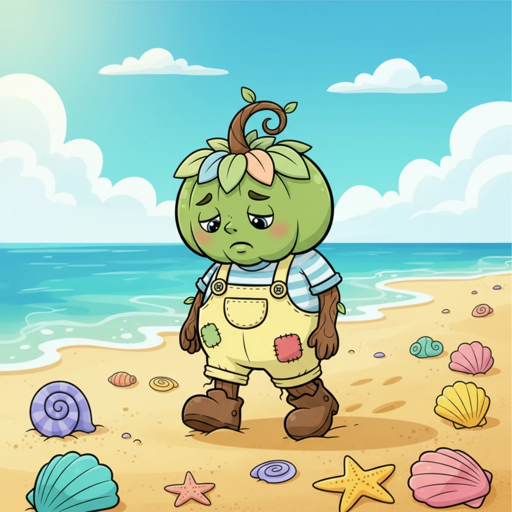 Looking a bit deflated, Marten walks along a sunny, vibrant beach, surrounded by whimsical seashells of all shapes and colors. He searches for the first piece of the ritual, almost giving up when he finds nothing but sand.