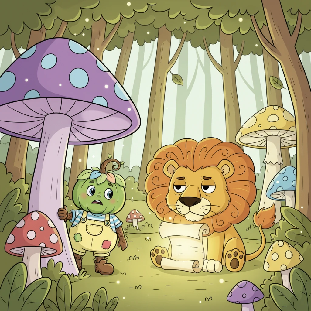 Marten cautiously enters a dense, fantastical forest, where towering, glowing plants and oversized mushrooms grow. In the center, a majestic, cartoonish lion guards another glowing paper, looking fierce but a little sleepy.