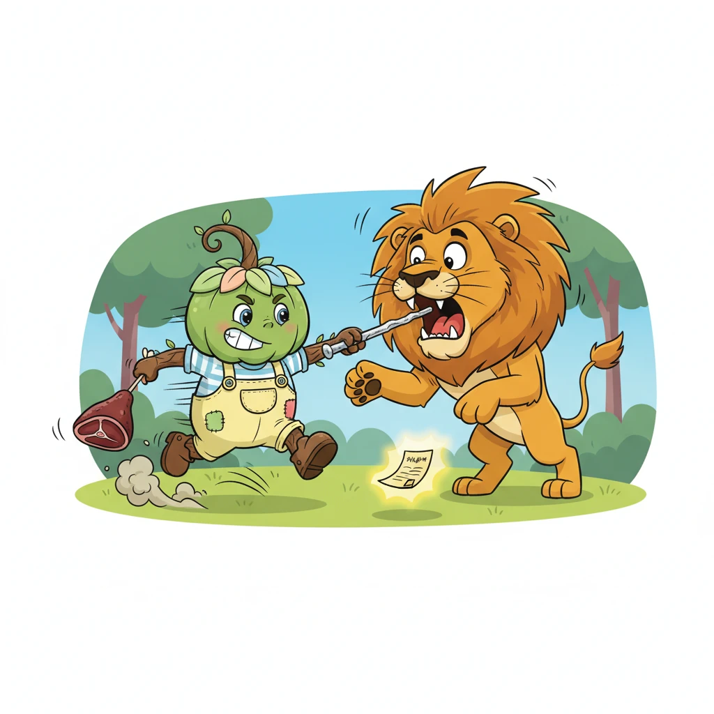 Marten cleverly dangles a comically oversized piece of meat, luring the lion away from the paper. As he dashes for the glowing fragment, the lion suddenly turns, roaring. Marten quickly shoves a shiny metal stick from his pack into the lion's mouth, grabs the paper, and zooms away with a comical burst of speed.