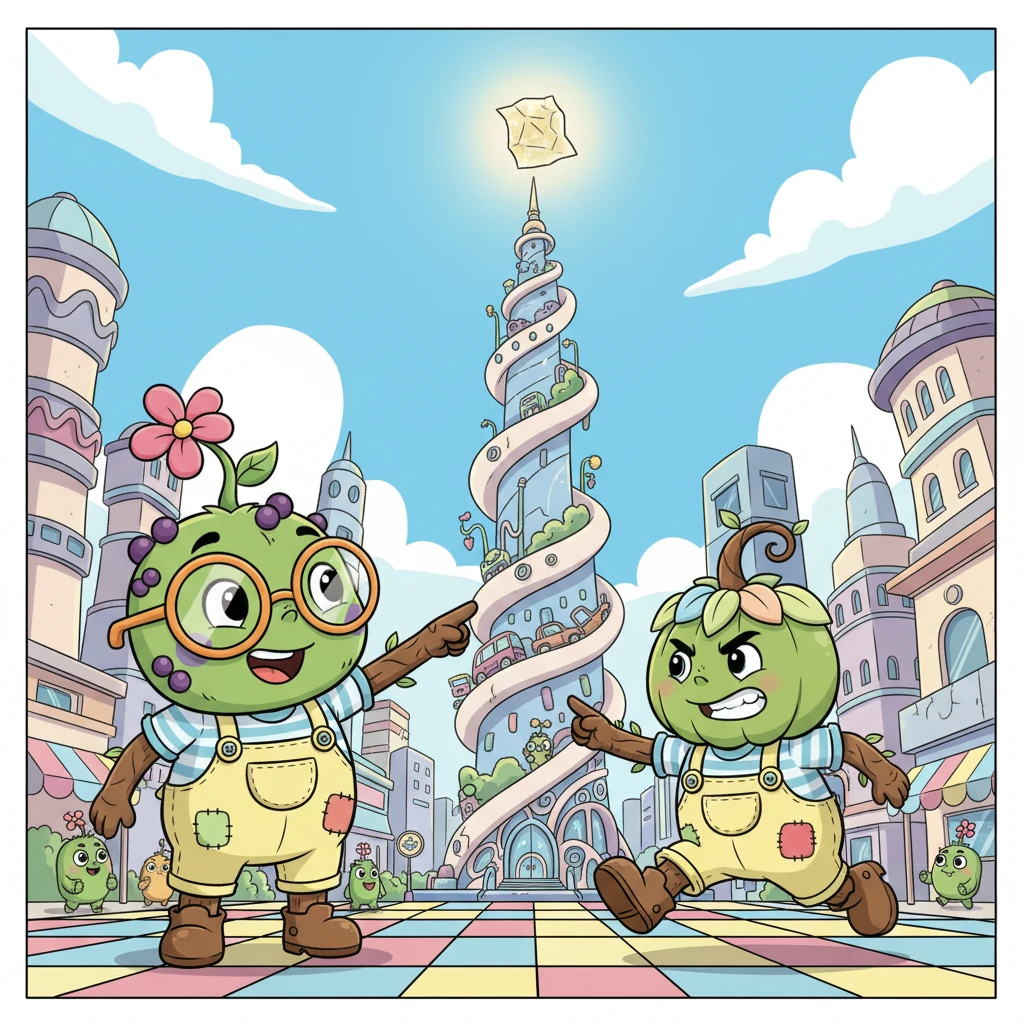 In a bustling, futuristic city with towering, whimsical buildings, Marten finds Jib, a friendly, quirky character with exaggerated glasses. Jib points towards a magnificent 'Tower of Freedom' in the distance, where the next paper piece glows at the very top. Marten, with a determined sprint, quickly scales the tower to retrieve it.