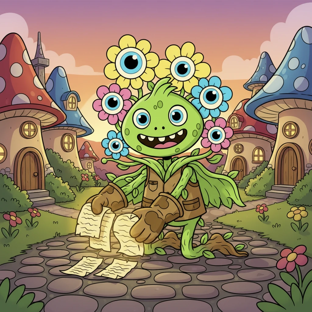 Marten, beaming with relief, kneels in the heart of a quaint, cheerful village, surrounded by cozy, cartoon houses. He picks up the final piece of the ritual paper from the cobblestone path, all four glowing pieces now reunited in his hands.