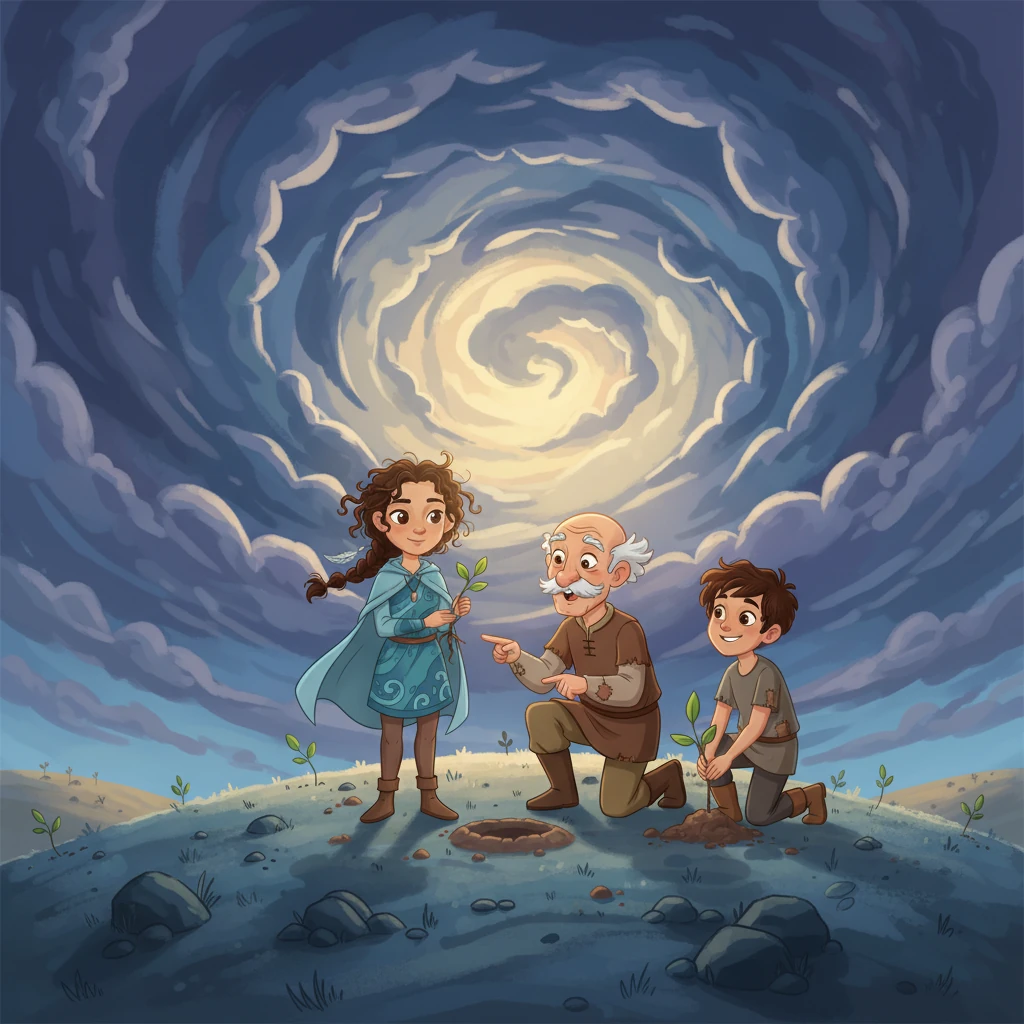 Elara stands on a windswept hilltop, her small figure resolute against the vast, turbulent sky. Dense linework creates motion in the clouds, while muted blues and soft light convey a powerful sense of resilience and calm. Her gaze is steady, looking out over the world with quiet determination.