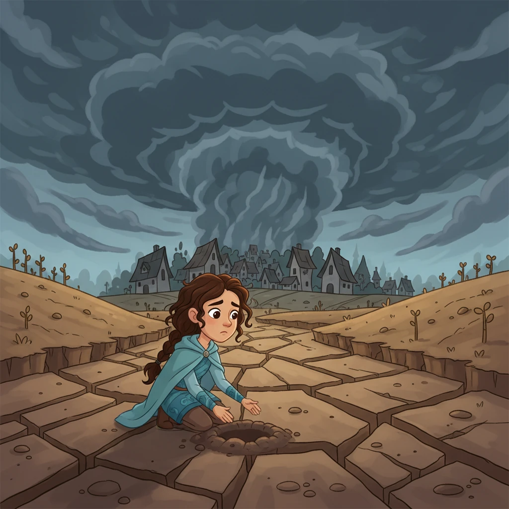 Below, her beloved village struggles under a looming, dark cloud, its fields parched and its riverbed dry. Elara remembers the hardship that had fallen upon her community, seeing the worry etched on every face. The once vibrant homes now seem to sag with despair.