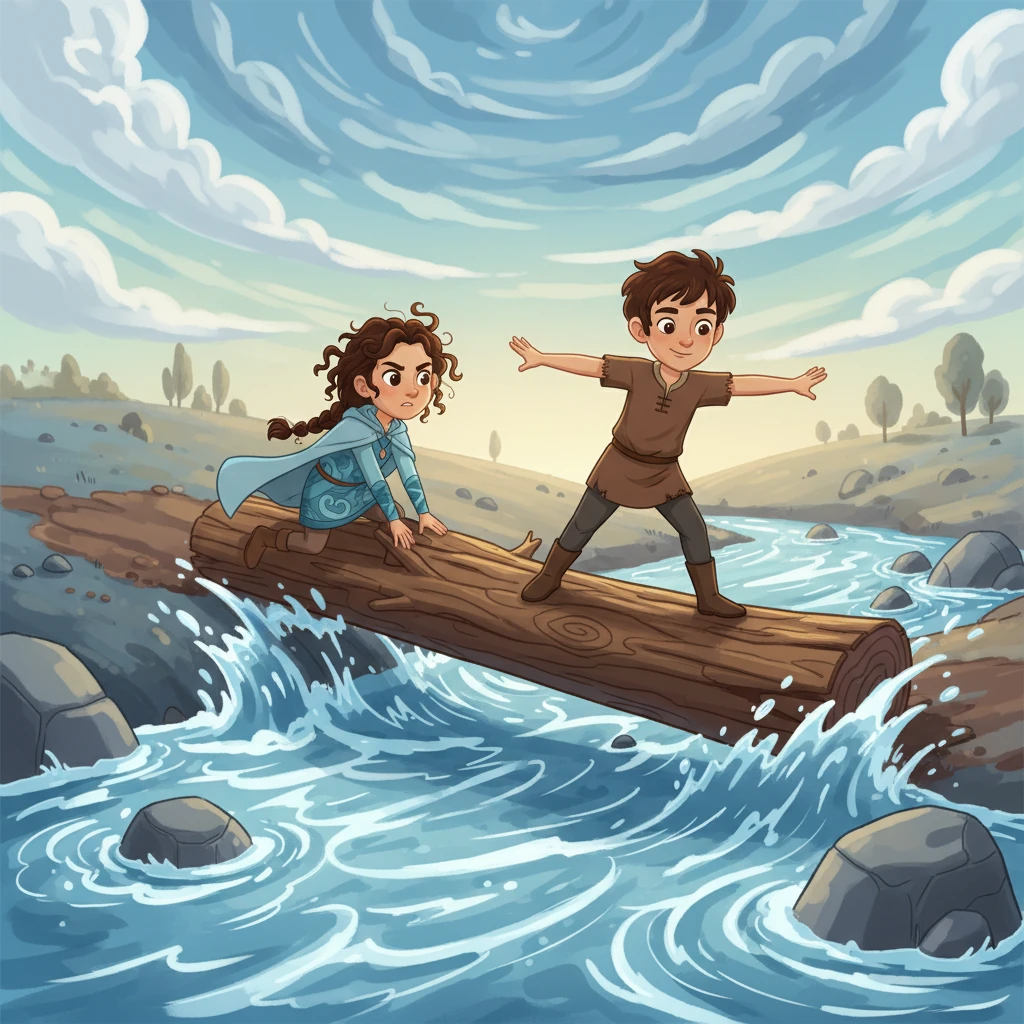 Remembering the hopeful faces of her villagers, Elara finds a fallen log and carefully pushes it across the churning river. Her small muscles strain, but a deep, quiet strength emerges from within. With a deep breath, she steps onto the makeshift bridge, her balance unwavering.
