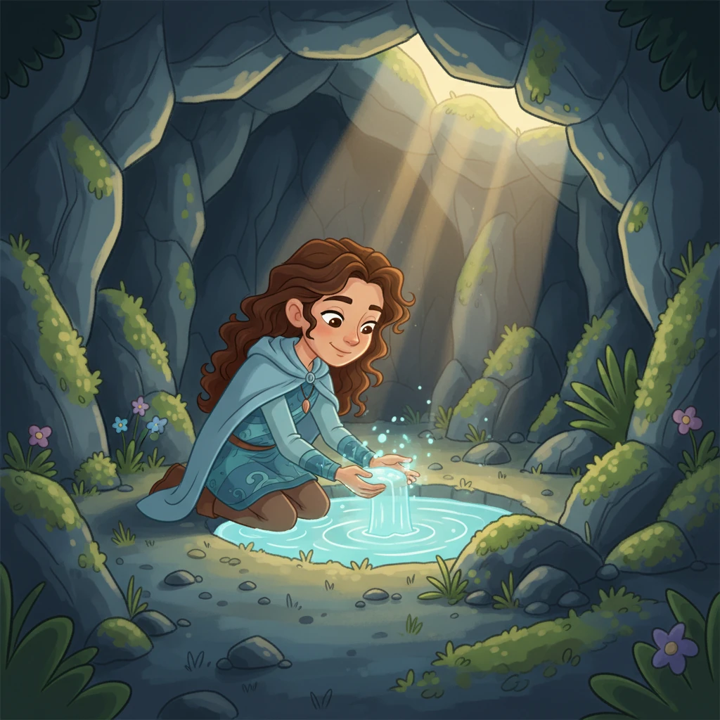 After many days of arduous travel, Elara finally discovers the Whisperwind Spring, nestled in a hidden grotto bathed in soft light. Its waters glow with an ethereal, calming luminescence, filling the air with a sense of ancient peace. She kneels, feeling the profound tranquility emanating from the sacred place.