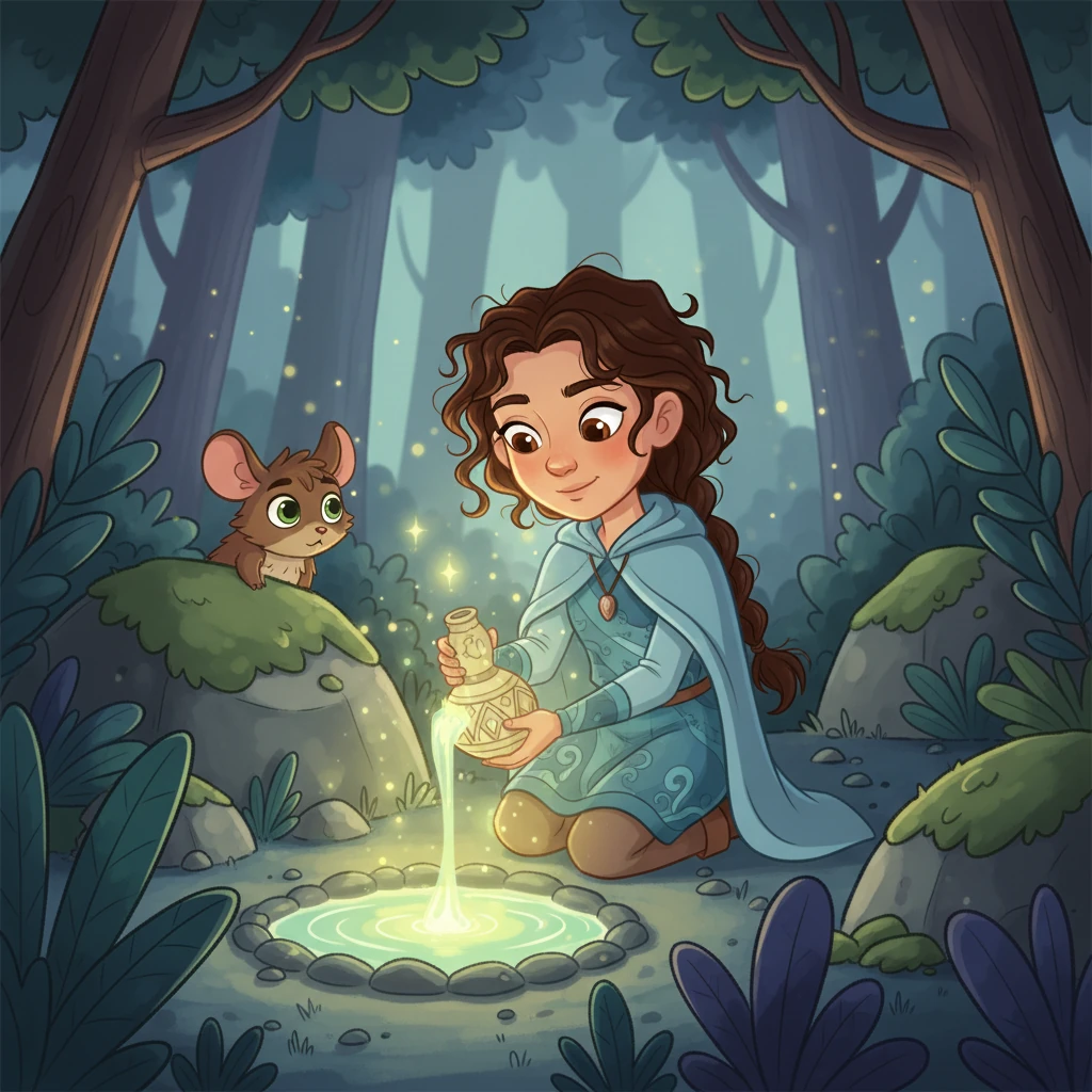 With utmost care, Elara collects the glowing water in a small, intricately carved gourd she carried. The light from the water illuminates her face, reflecting a sense of purpose and quiet triumph. A tiny, curious forest creature peeks from behind a mossy rock, observing her respectful actions.