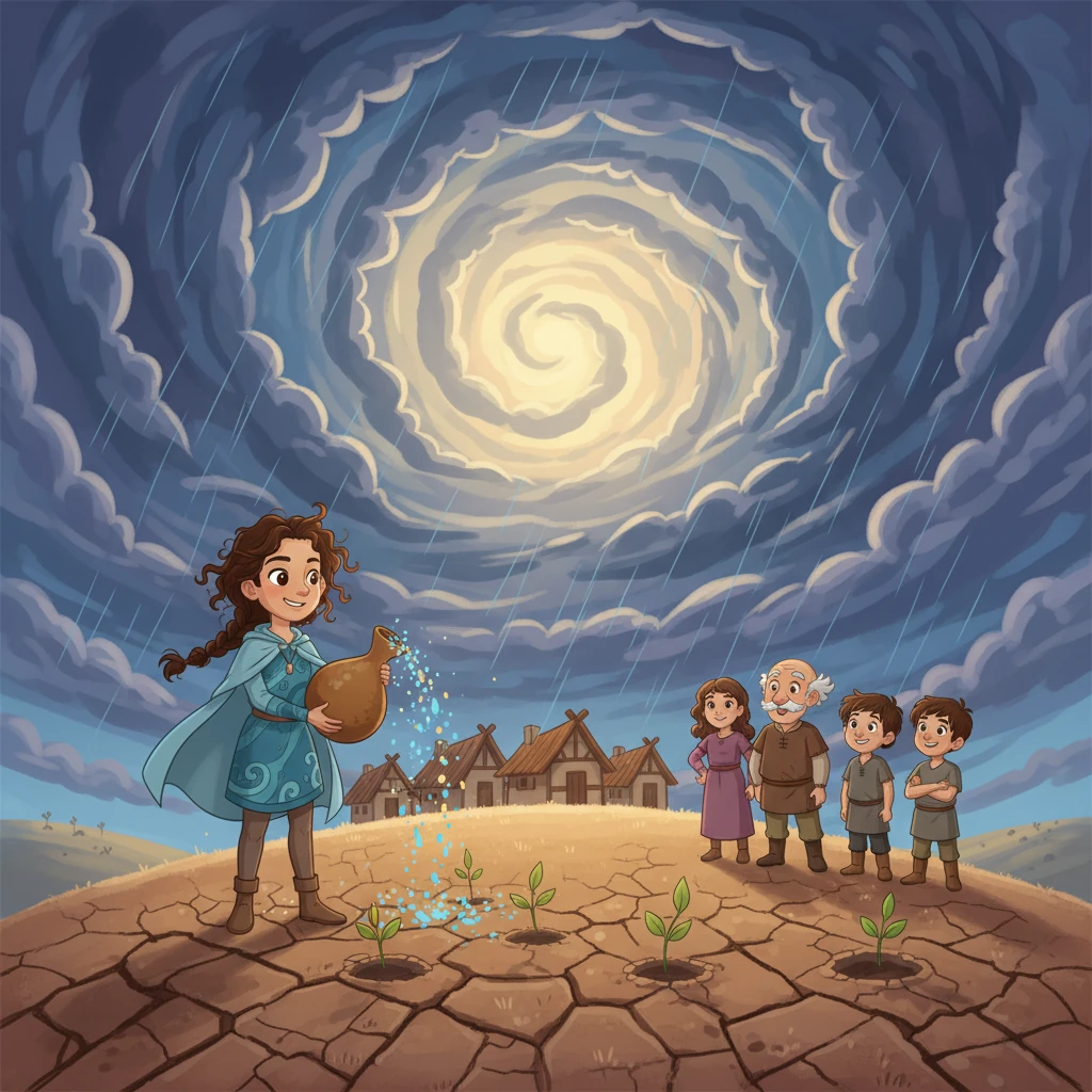 Elara makes her long journey back, sharing the precious water with the parched earth and her waiting village. As she sprinkles the glowing drops, the dark cloud above begins to dissipate, and a gentle, life-giving rain starts to fall. Hope blossoms anew in the villagers' eyes.