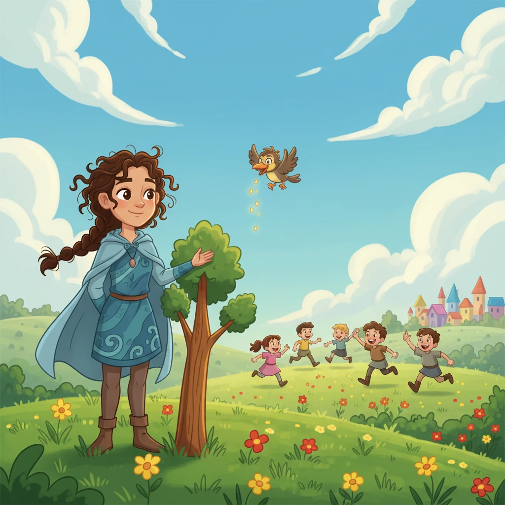 The village thrives once more, lush and green, thanks to the renewed spring and Elara's courage. She watches from a distance, a quiet hero, as children play in the rejuvenated fields and laughter fills the air. The vibrant colors return to the landscape, mirroring the community's joy.