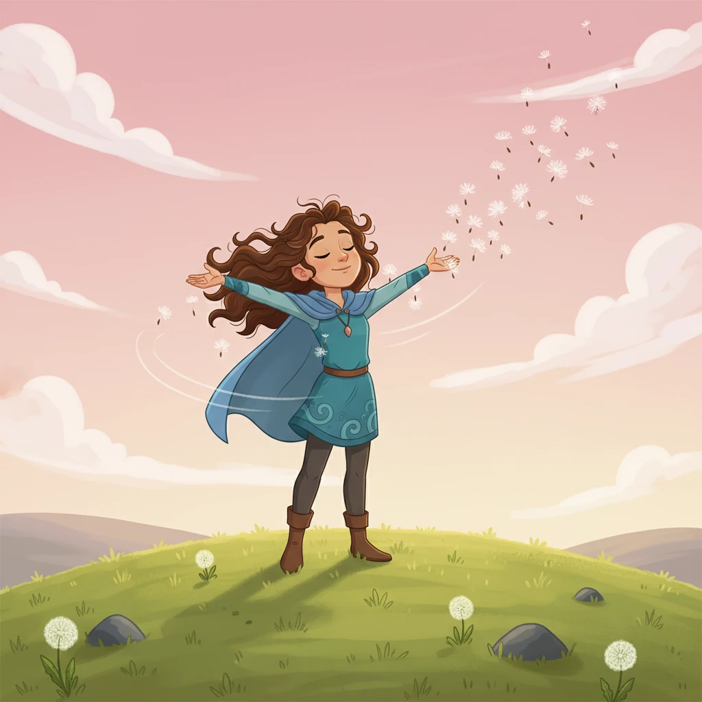 Back on her favorite hilltop, Elara stands, the wind still strong, but her spirit unburdened and full of peace. The sky is now clear, painted with soft, hopeful hues of blue and pink. She is a beacon of quiet strength, ready for whatever new adventures life may bring.