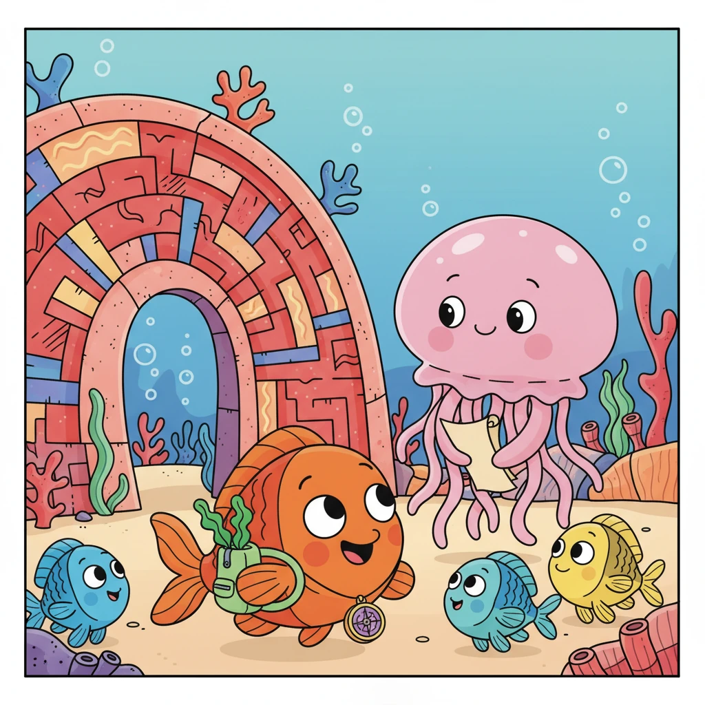 Coral, a cheerful little fish, wiggles with excitement. Today is the big school maze trip! She packed her favorite seaweed snack and can't wait to explore. Her teacher, Ms. Jelly, smiles at the eager class.