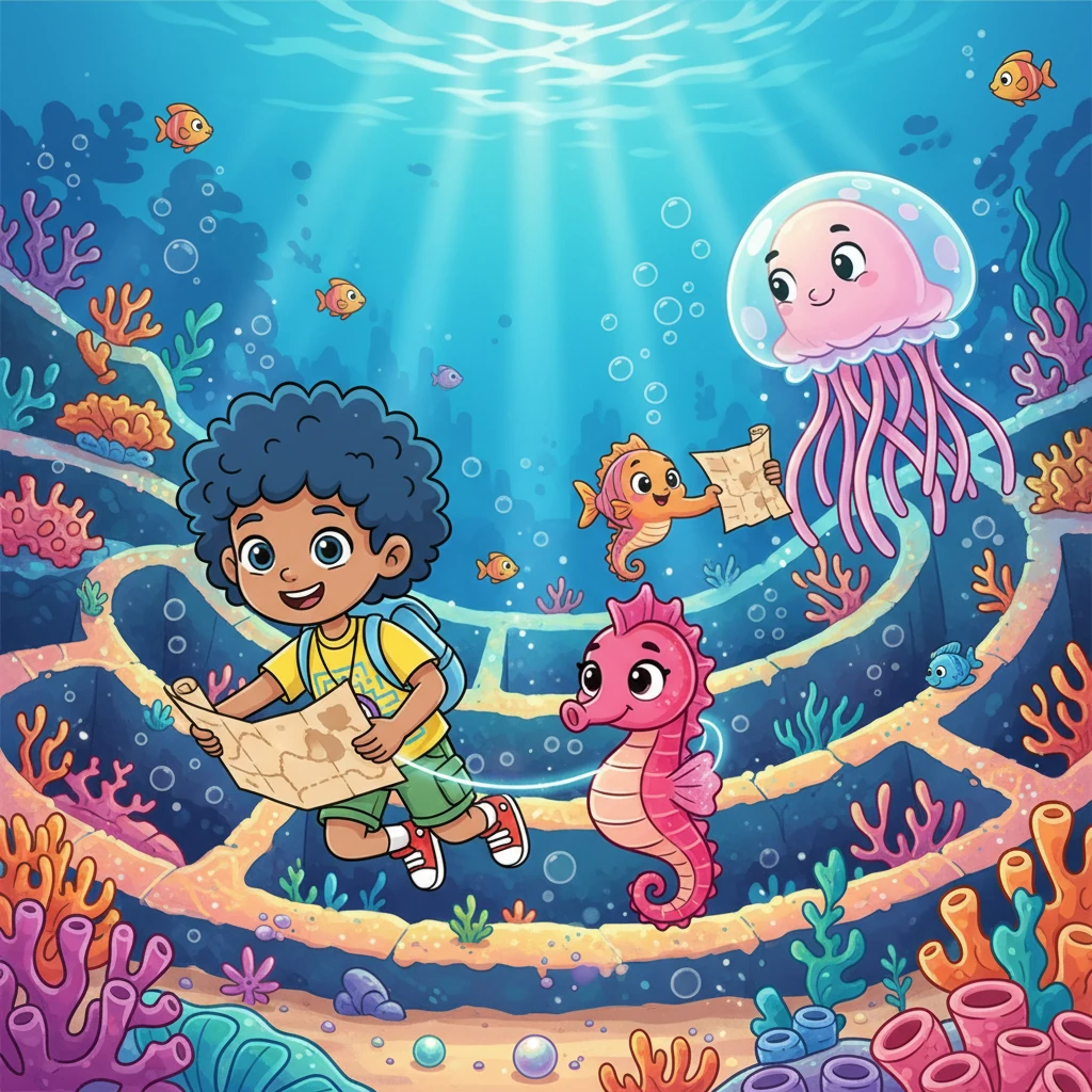 Ms. Jelly gives everyone a map and a buddy. Coral and her best friend, Shelly the seahorse, bravely swim into the maze. Sunlight filters through the water, making the coral glow with a magical shimmer.