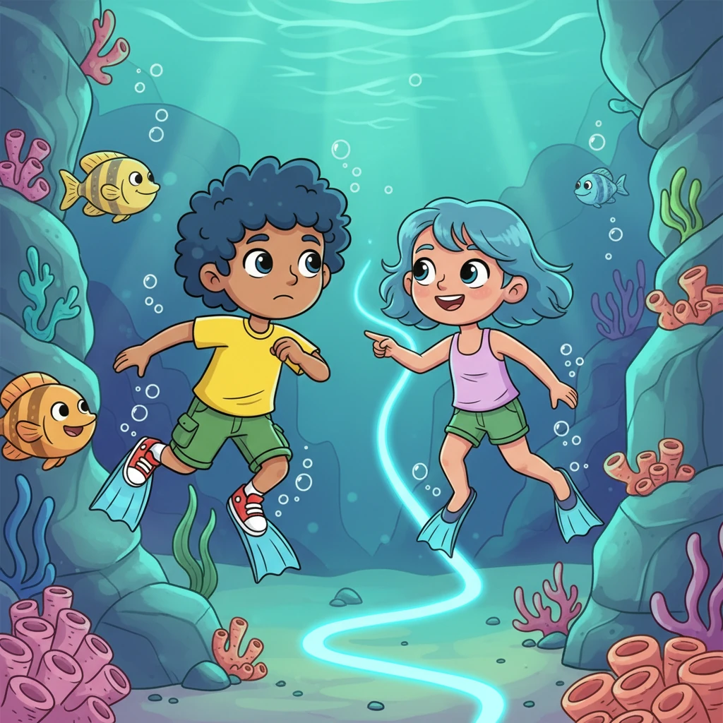 After a few turns, Coral realizes they're a bit turned around. Shelly giggles, pointing to a shimmering blue path that looks inviting. They decide to follow it, their fins flapping with determination.