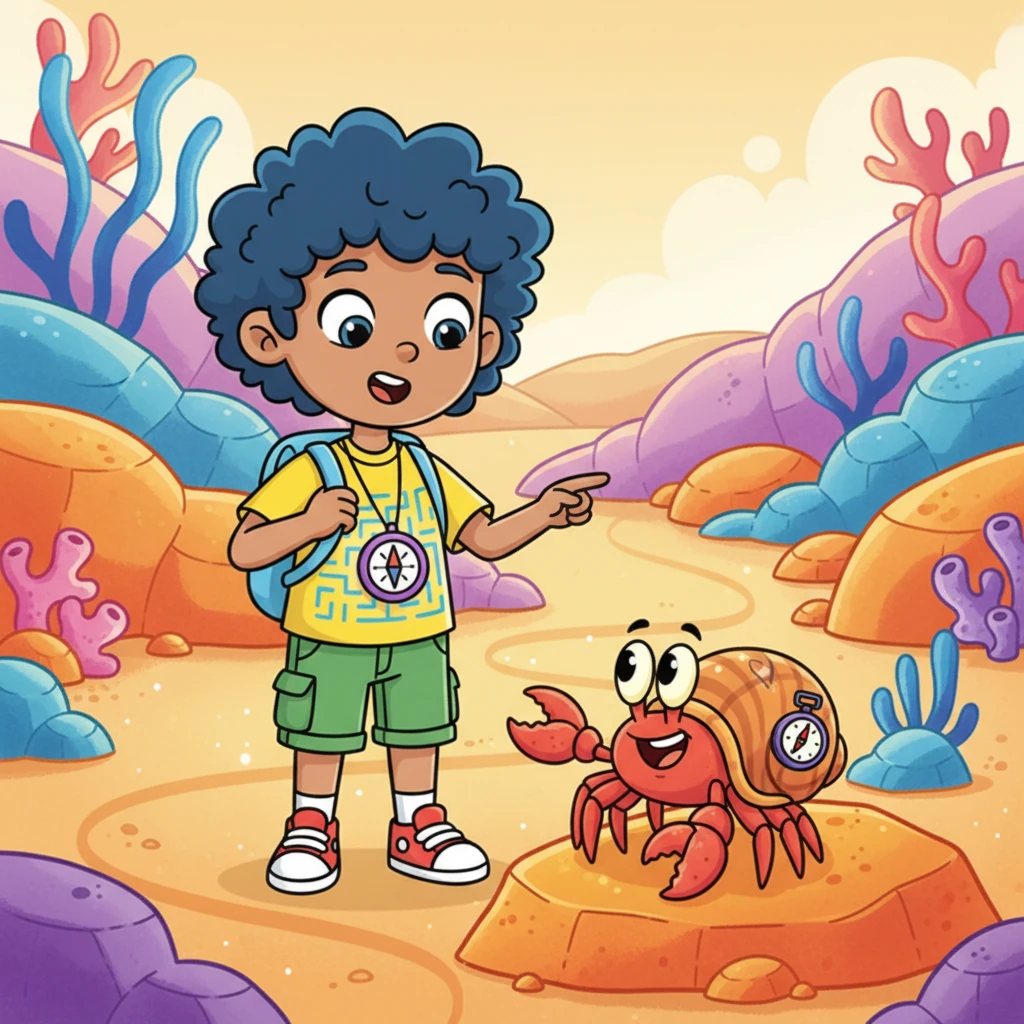 Suddenly, a friendly, bubbly hermit crab named Pinch pops out from behind a bright orange rock. Pinch has a tiny compass on his shell and seems to know the maze well. He offers to help them find their way.