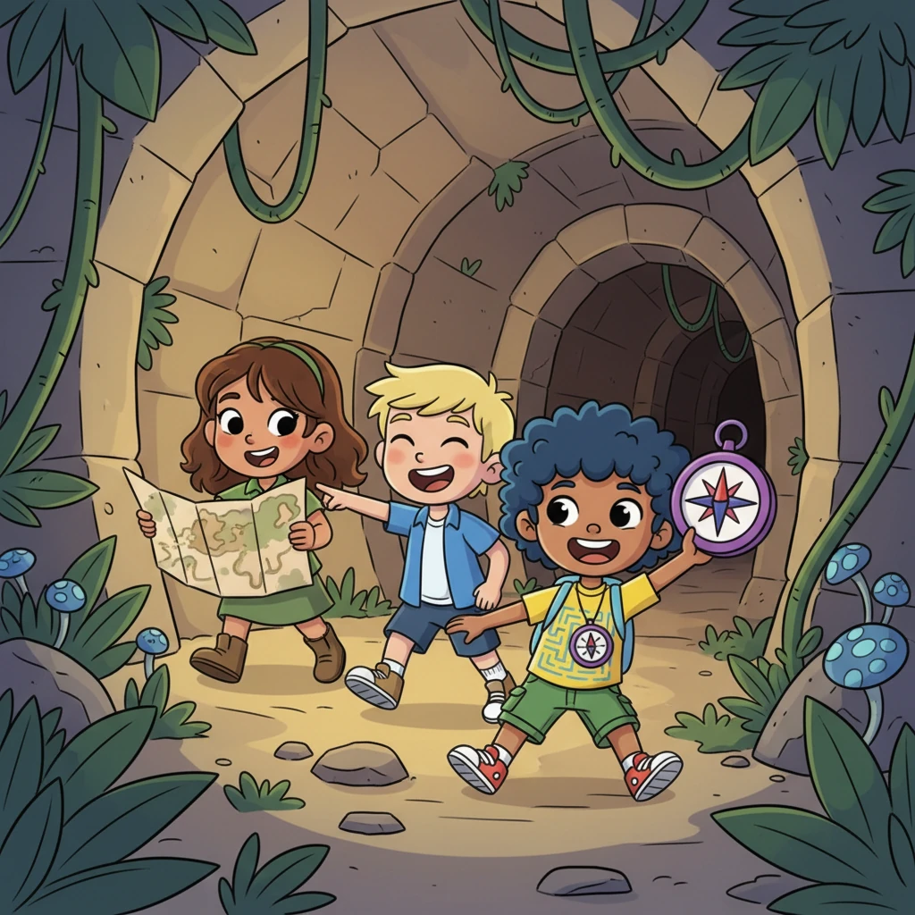 Coral, Shelly, and Pinch work together, using Pinch's compass and their map. They laugh as they navigate tricky corners and discover hidden tunnels. Teamwork makes the adventure even more fun and exciting.