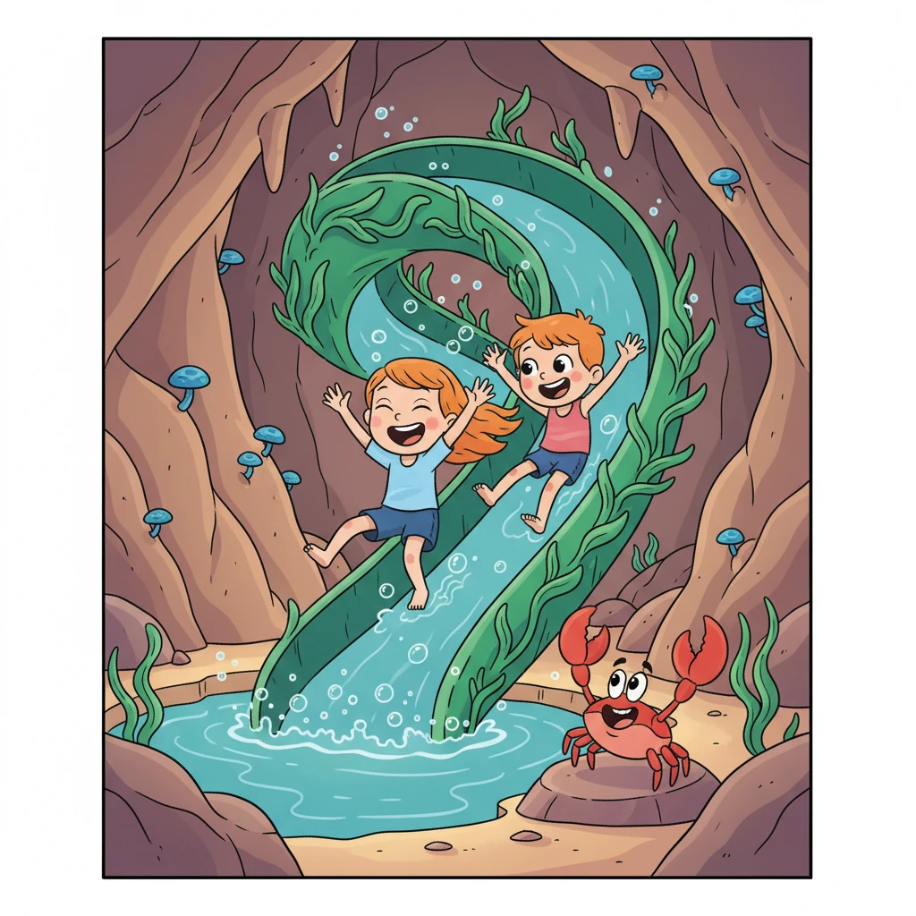 They stumble upon a secret grotto with a sparkling, swirling kelp slide! Coral and Shelly squeal with delight, taking turns sliding down the slippery green fronds. Pinch cheers them on from the bottom.