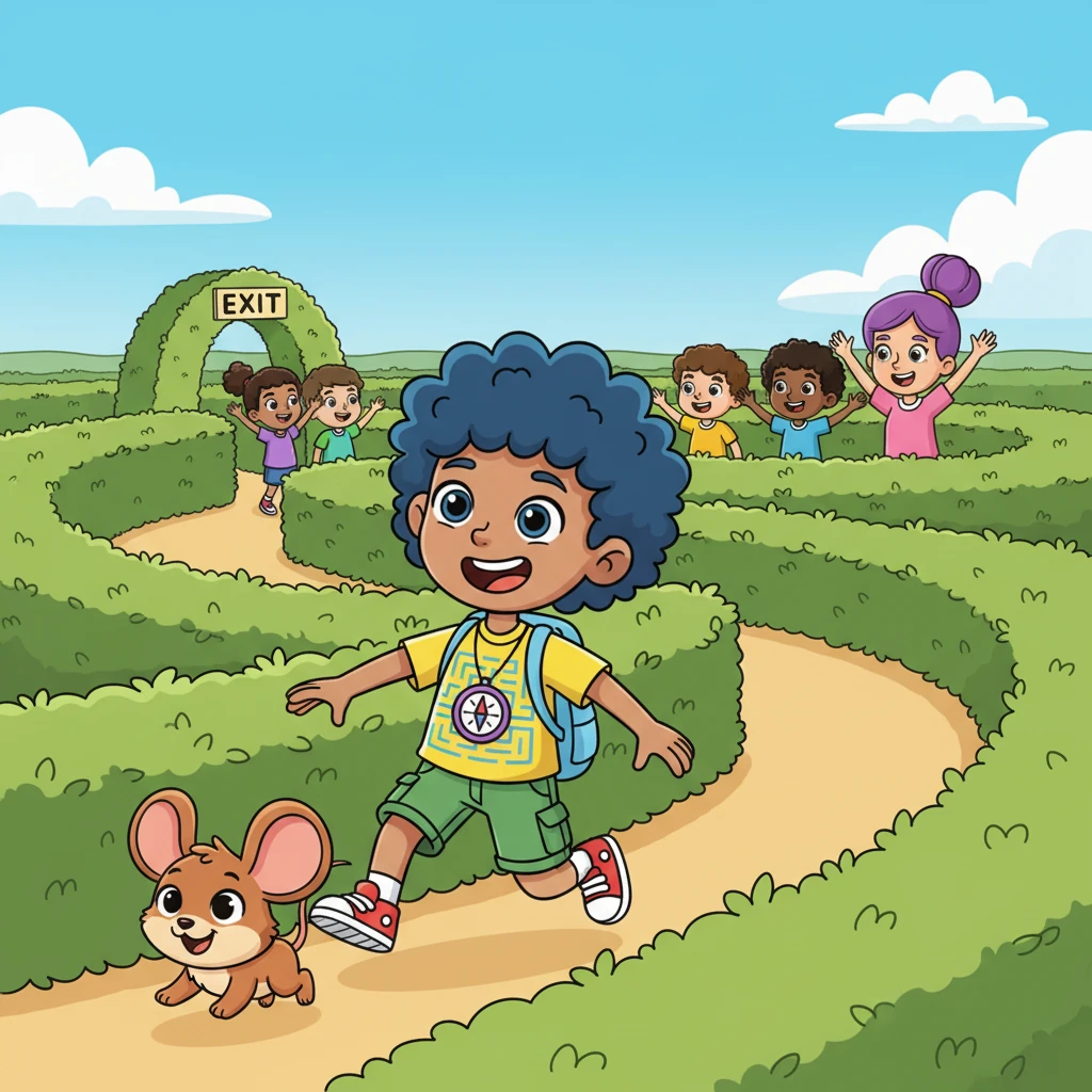 After their fun detour, they follow Pinch around one last bend. Up ahead, they see the familiar colors of their classmates and Ms. Jelly at the maze exit. A wave of relief and triumph washes over them.