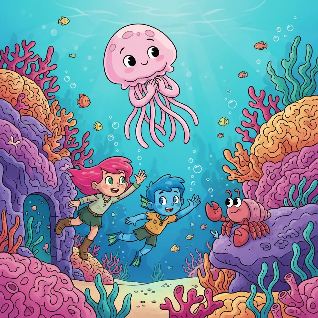 Coral, Shelly, and Pinch swim out of the maze, beaming with pride. They wave goodbye to Pinch, promising to visit him again soon. Ms. Jelly claps, happy to see everyone safe and sound after their adventure.