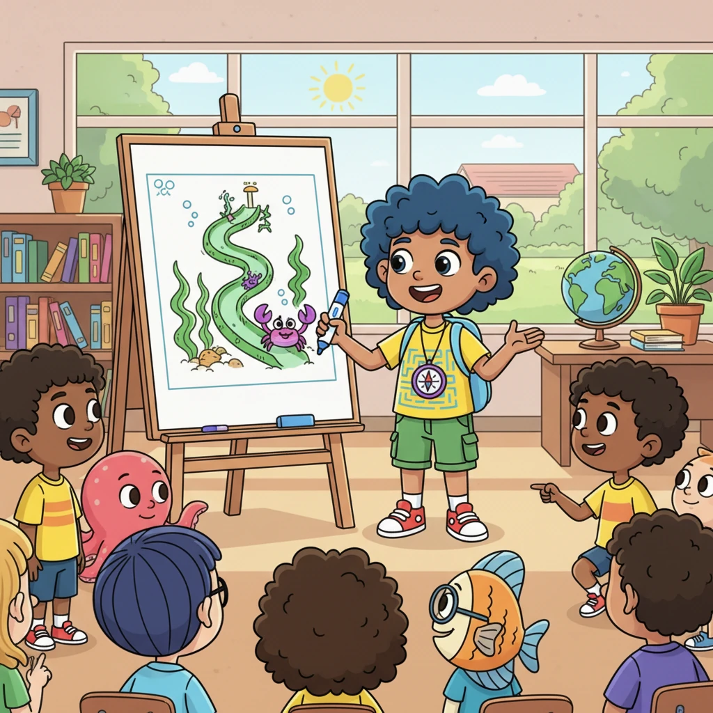 Back at school, Coral tells everyone about their exciting journey and their new friend, Pinch. She draws a picture of the kelp slide, already dreaming of their next adventure. What a wonderful maze trip!