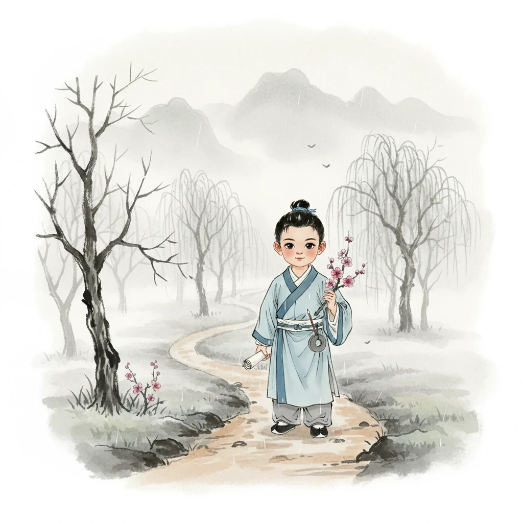 清明时节，细雨纷纷，天地间笼罩着一层薄雾。 李墨独自一人走在蜿蜒的乡间小路上，他的心里充满了对故乡的思念，眼神中透露着一丝忧愁。