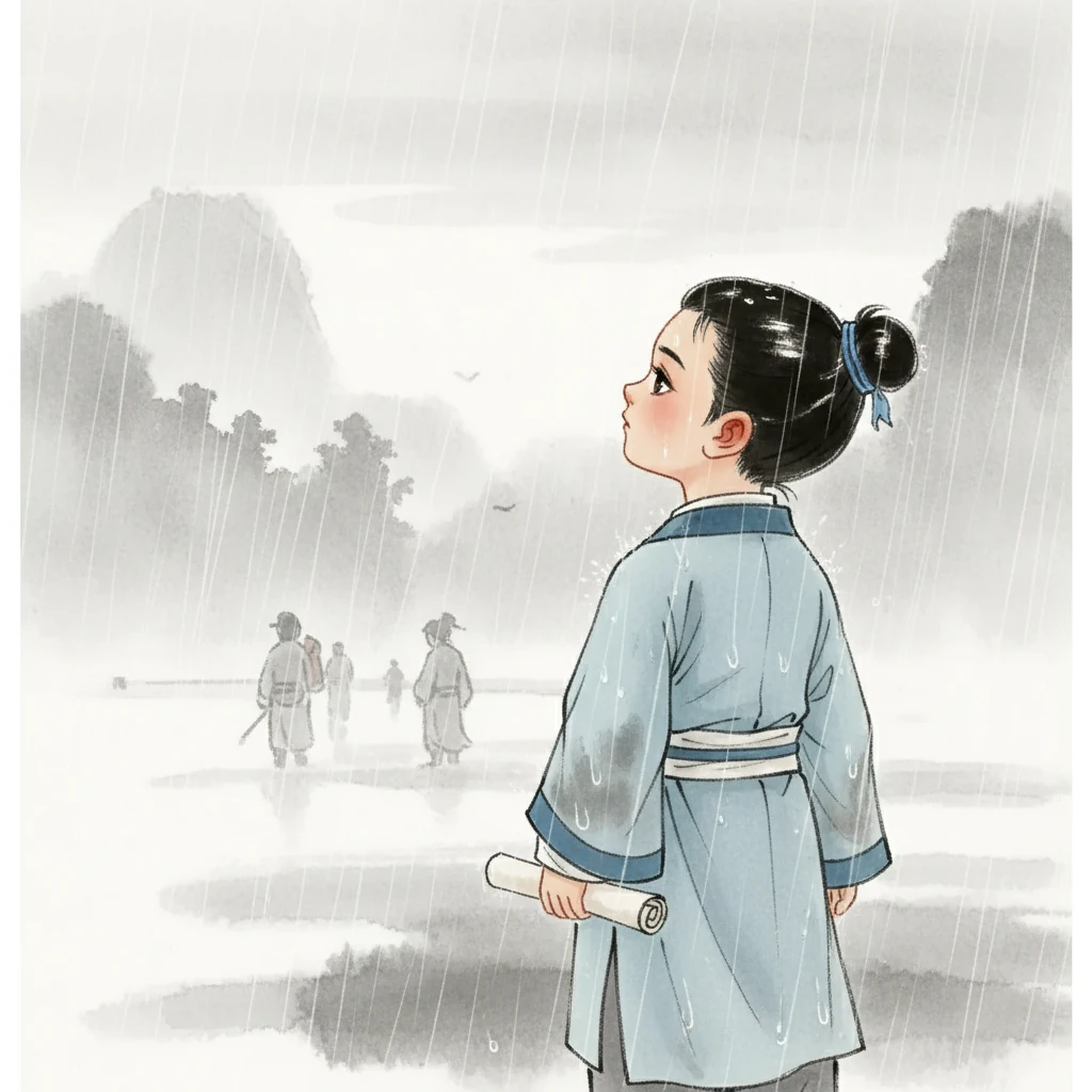 雨水打湿了李墨的衣衫，他的心情也如同这天气般沉重。 他抬起头，望着远方，仿佛想要穿透雨幕，看到故乡的模样。 行人的身影渐渐模糊，更添了一份孤寂。
