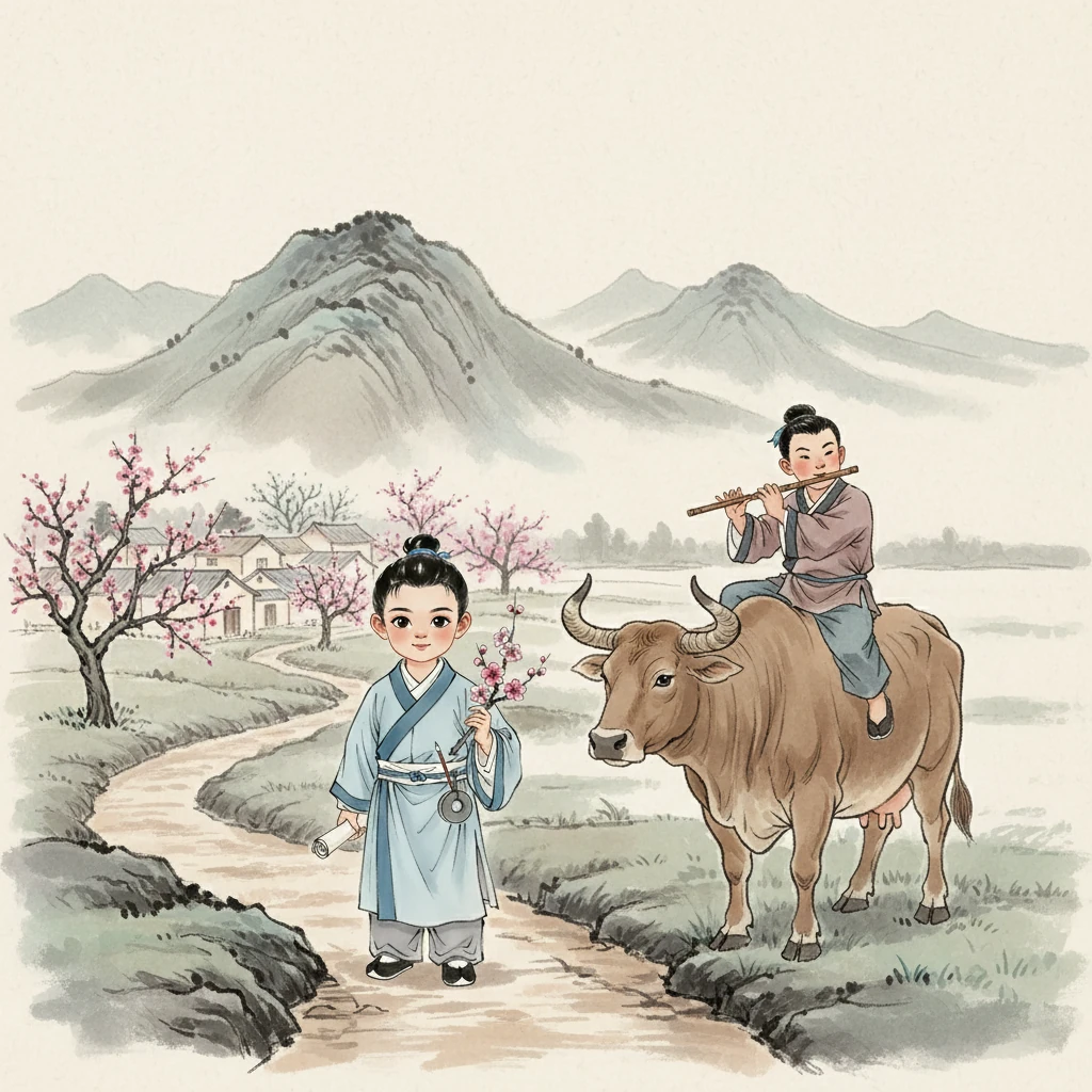 李墨继续向前走，他看到了一位牧童，正坐在牛背上，悠闲地吹着笛子。 牧童指着远方，笑着说：“杏花村就在那边！” 李墨的脸上露出了希望的光芒。
