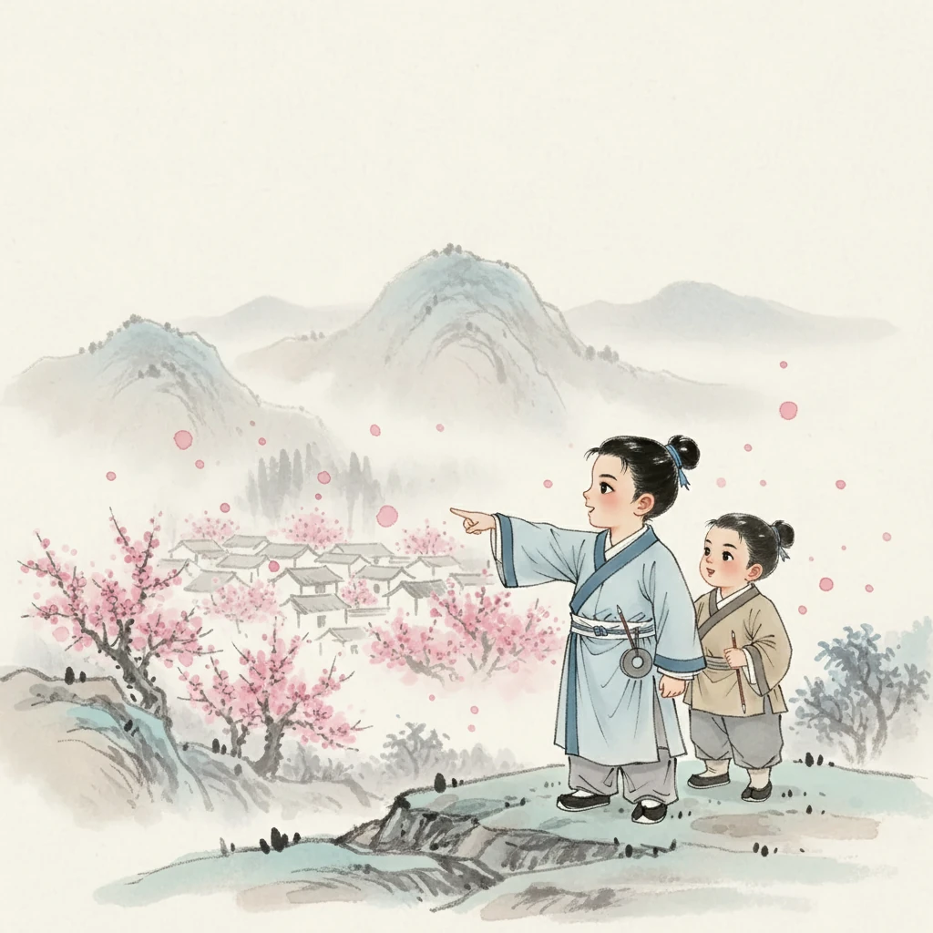 顺着牧童手指的方向，李墨终于看到了杏花村的轮廓。 远处，杏花盛开，粉红色的花瓣点缀着村庄，在烟雨中显得格外美丽，仿佛一个梦境般的存在。