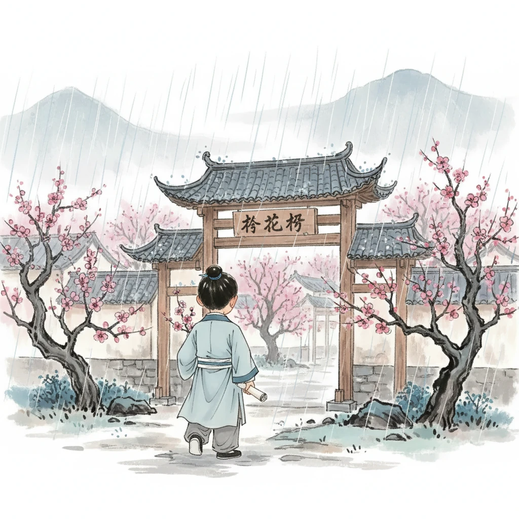 李墨加快了脚步，他知道，杏花村里一定有温暖的酒家，可以让他躲避风雨，也能慰藉他思乡的心情。 他的身影渐渐消失在杏花村的入口，留下了一个美好的背影。