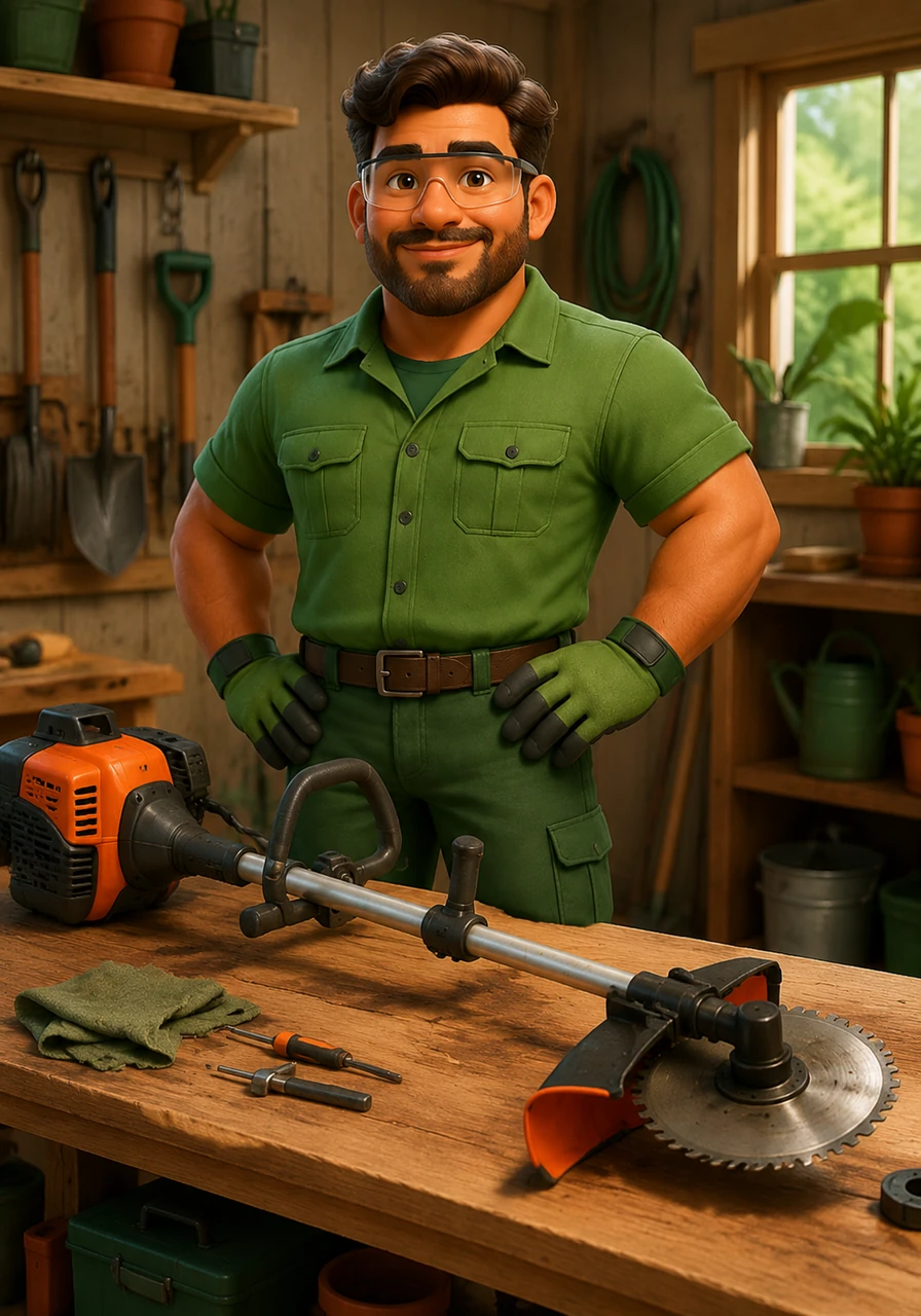 Thomas se tient fièrement dans l'atelier de jardinage, équipé de ses gants de protection et de ses lunettes de sécurité. Devant lui, la puissante débroussailleuse Stihl FS 461 repose sur un établi propre, prête pour l'entretien du jour.