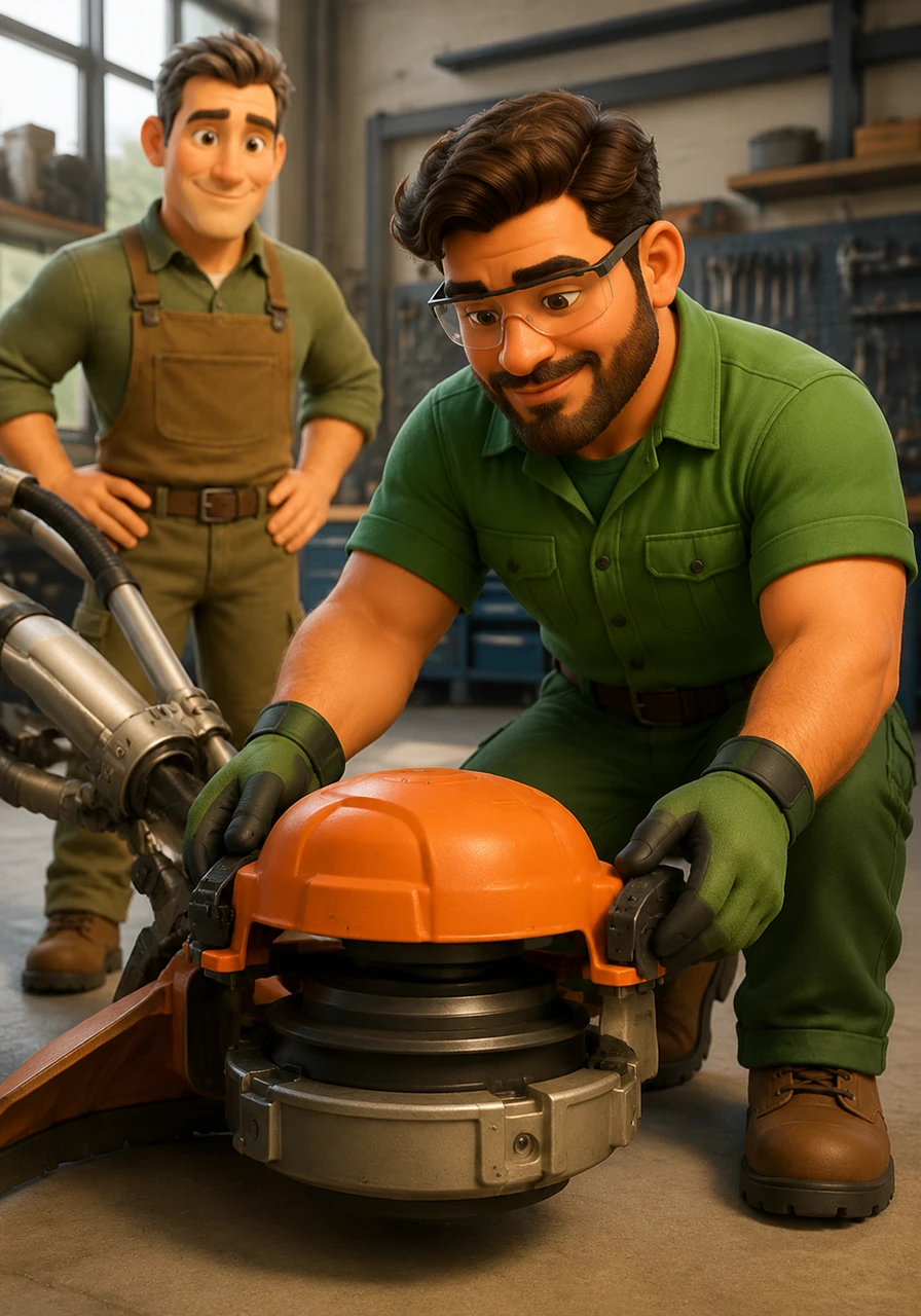 Avec des gestes calmes et précis, Thomas immobilise la tête de coupe de la machine. Il appuie fermement sur les verrous latéraux de la tête AutoCut 46-2 pour libérer délicatement le couvercle protecteur.