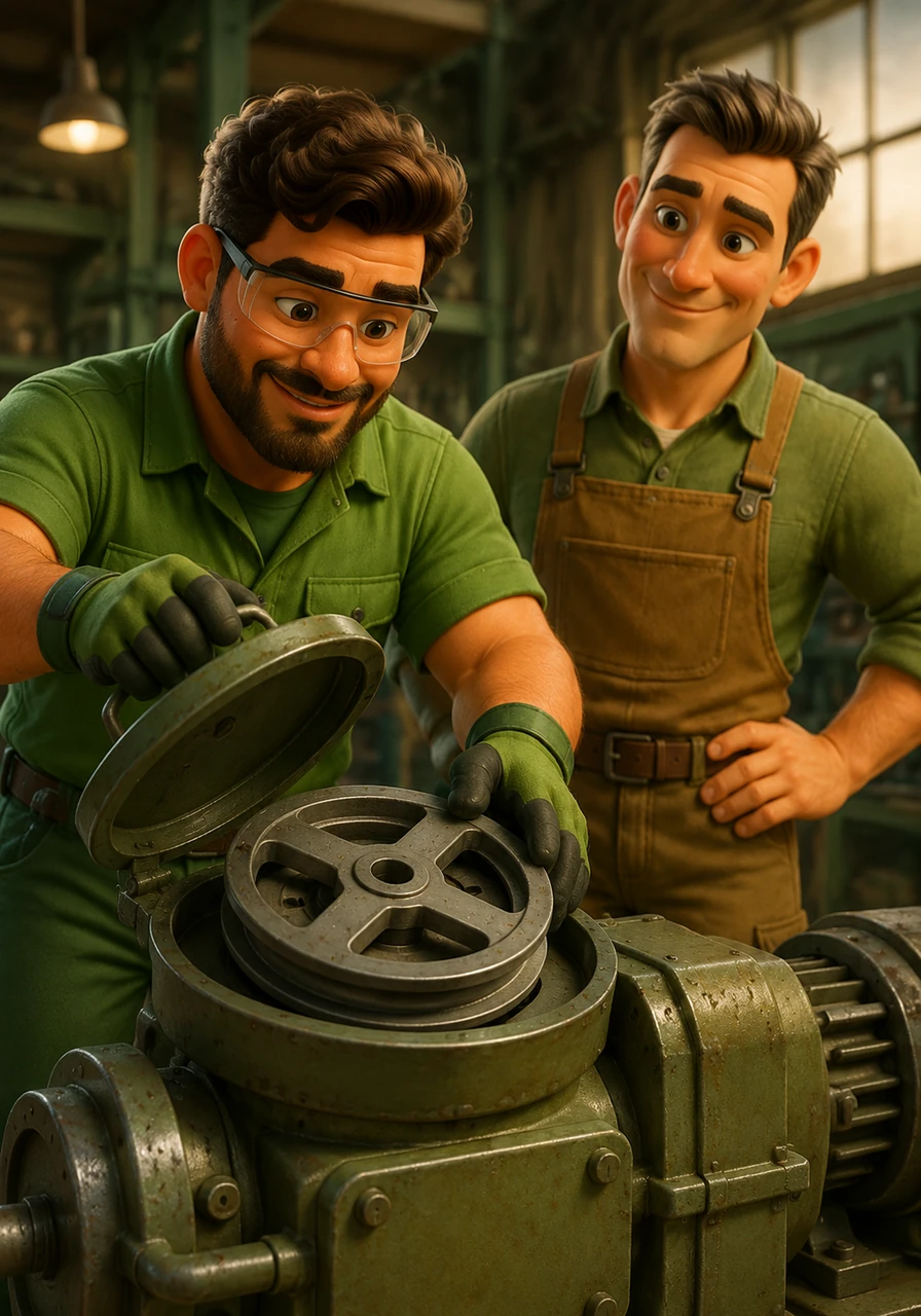 Thomas retire le couvercle et extrait la bobine vide avec le sourire, sachant que chaque étape le rapproche de sa mission. Son éducateur à ses côtés hoche la tête avec approbation, validant ce premier geste technique.