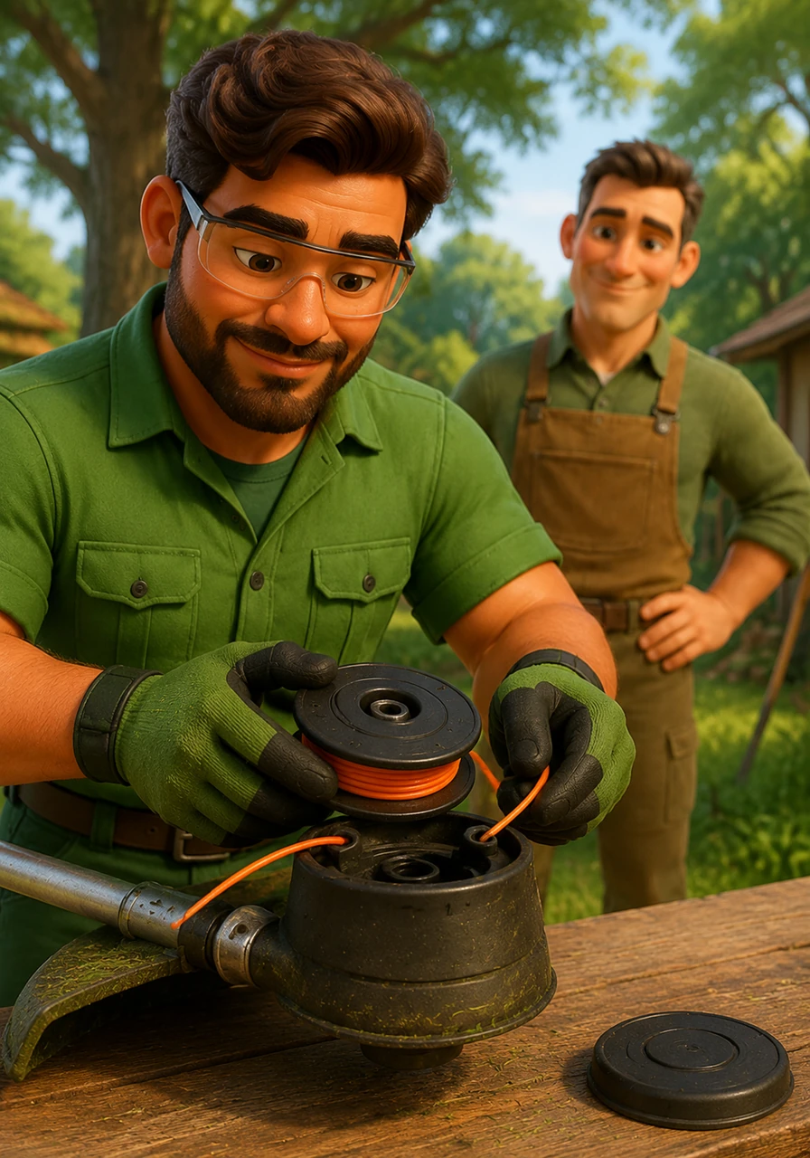 Thomas remet la bobine pleine dans le boîtier de la tête de coupe. Avec patience et minutie, il glisse les deux extrémités libres du fil à travers les œillets métalliques extérieurs de la tête AutoCut.