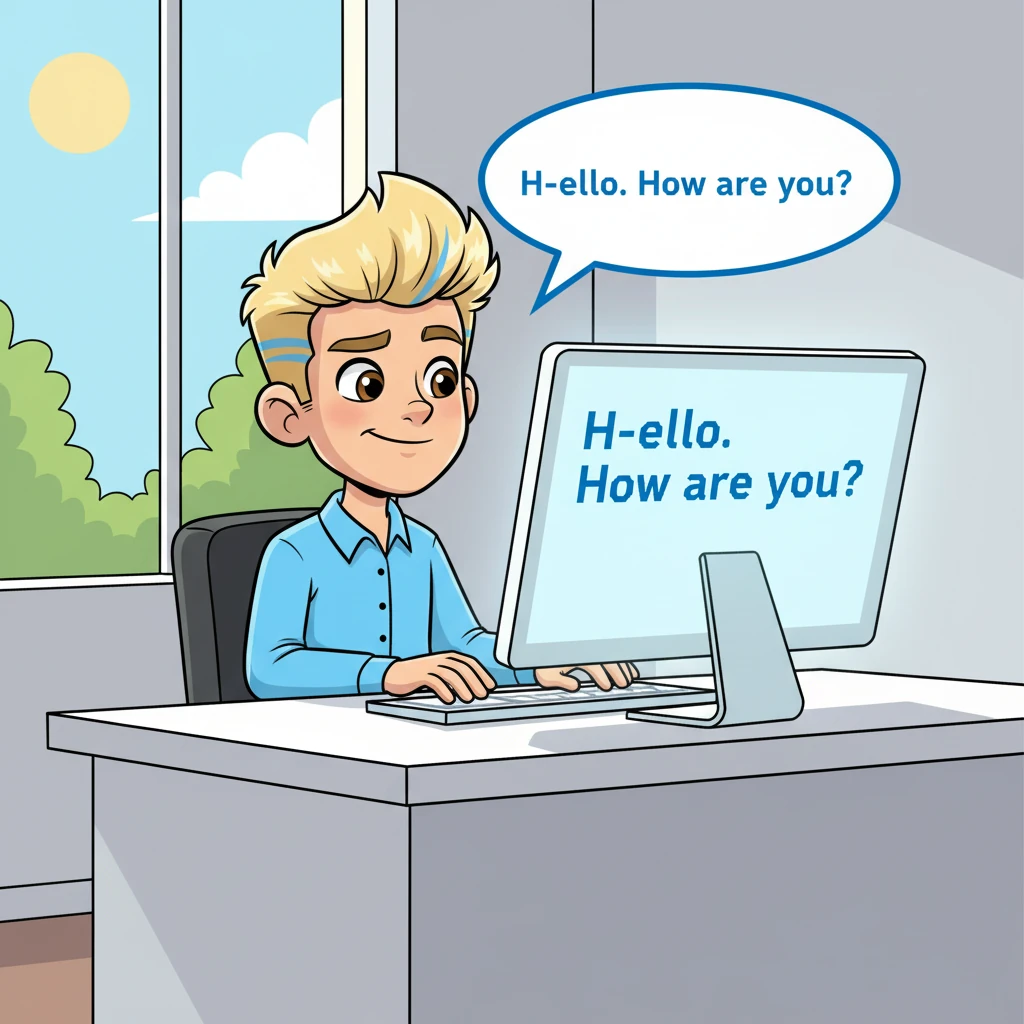 Leo, with his bright blonde hair and a crisp blue shirt, sits at a sleek, modern computer. He types slowly and deliberately, his perfect, slightly frozen smile reflecting in the screen. A speech bubble above his head reads: 'H-e-l-l-o. H-o-w a-r-e y-o-u?'