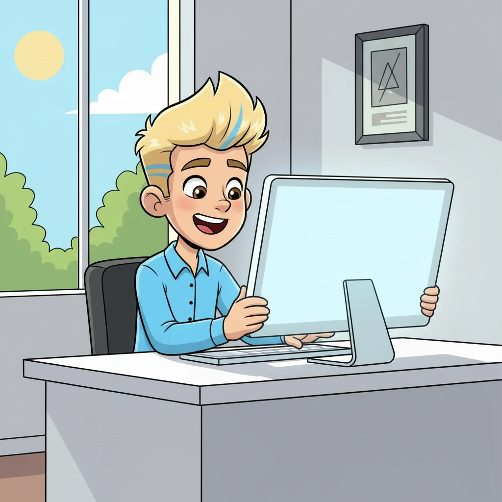 He leans in closer to the screen, still smiling, as he pronounces each word with exaggerated clarity. The room is tidy, with a framed motivational poster on the wall. His posture is impeccable, almost too perfect.