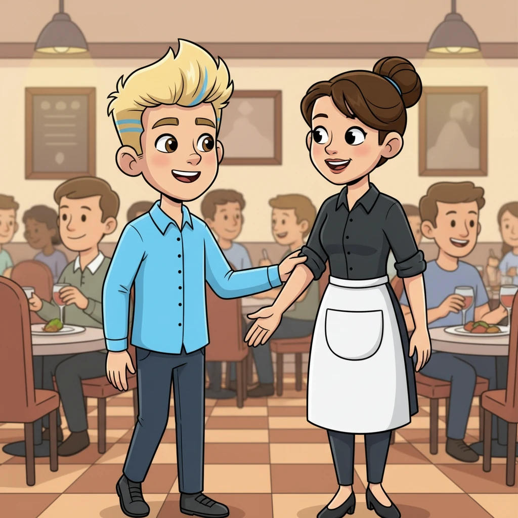 Now, Leo is walking through a bustling restaurant, his blue shirt a beacon of calm. He greets a waitress with a slow, deliberate nod and a wide, unchanging smile. The background is filled with blurred, happy diners.