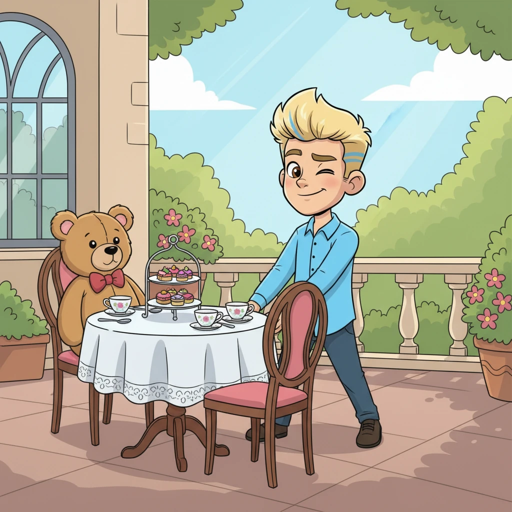 He carefully pulls out a chair at a small, elegantly set table. His movements are precise and unhurried. He looks directly at the camera, offering a slight, practiced wink.