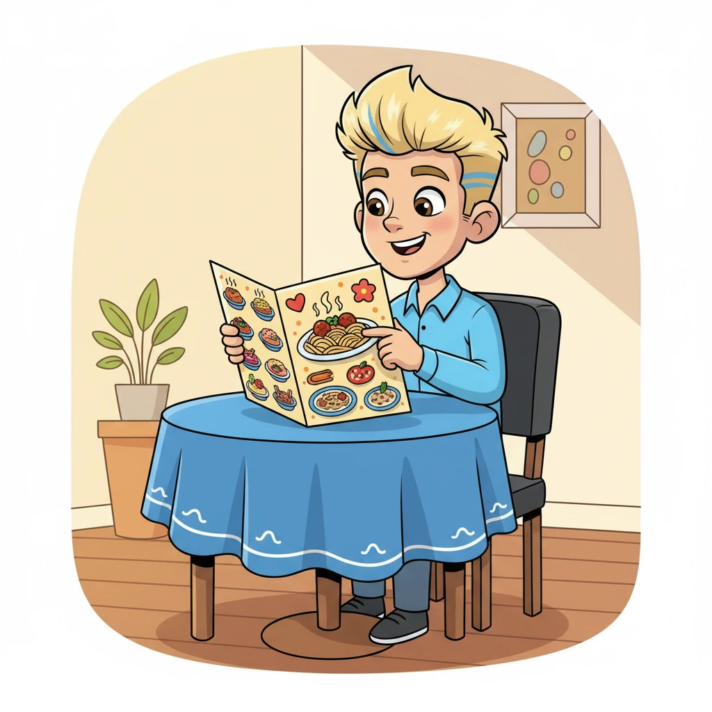 A menu is presented to him. Leo holds it with both hands, his eyes scanning the options with a thoughtful, yet still smiling, expression. He points to an item with a perfectly manicured finger.