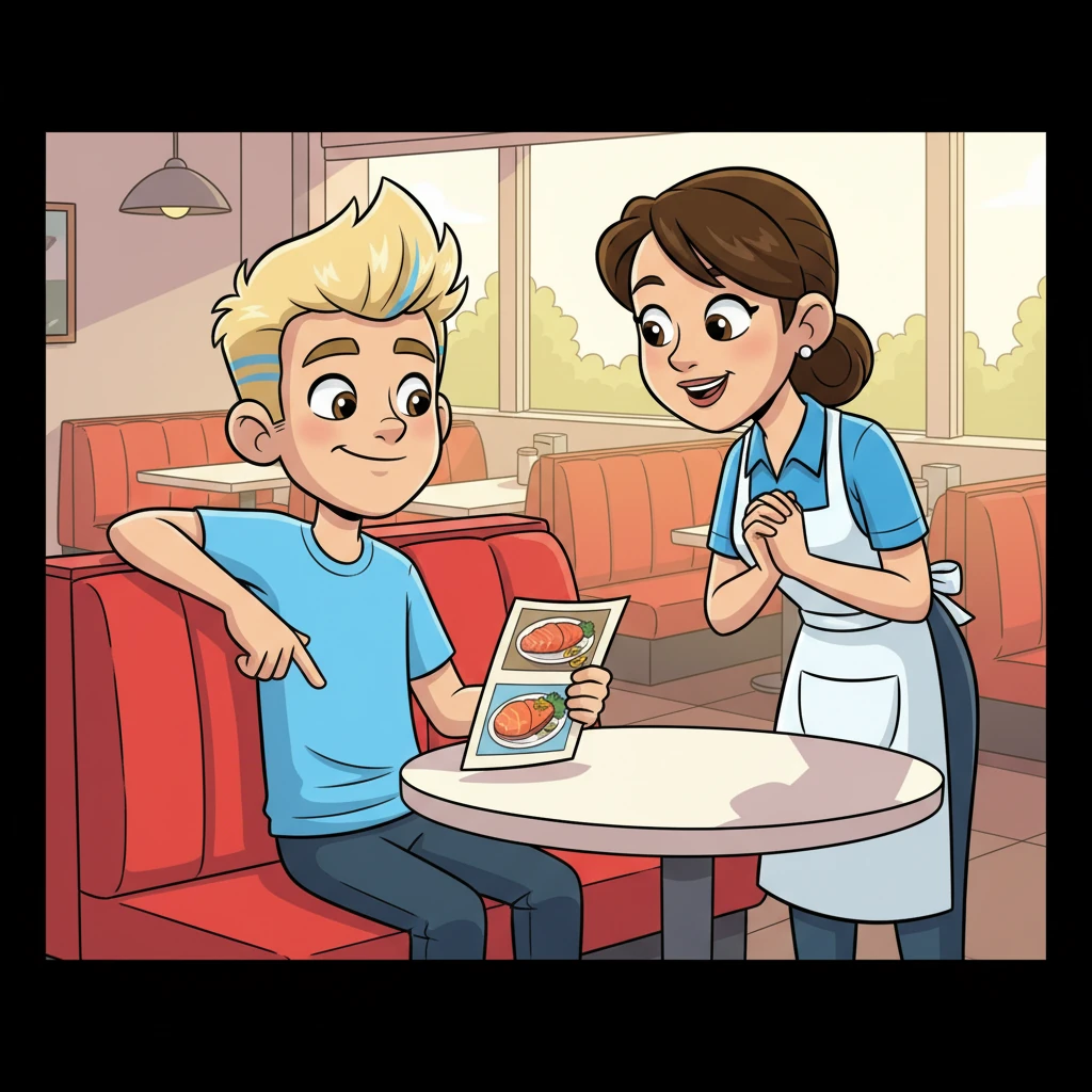 The waitress, a kind-faced woman, listens attentively as Leo slowly orders, 'I w-o-u-l-d l-i-k-e t-h-e s-a-l-m-o-n, p-l-e-a-s-e.' His smile remains fixed and bright.