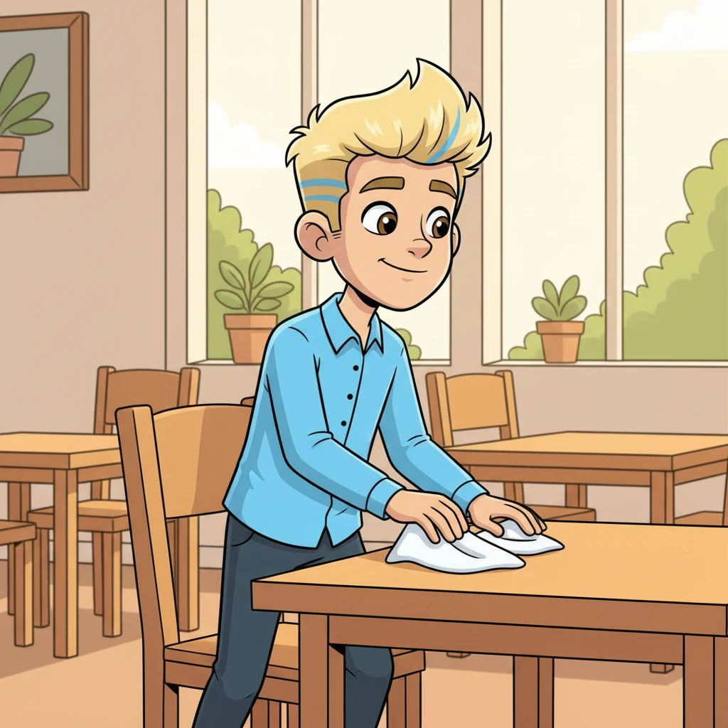 After his meal, Leo is seen gracefully rising from his chair, placing his napkin neatly on the table. He offers another slow, appreciative nod to an unseen staff member. His blue shirt is still spotless.