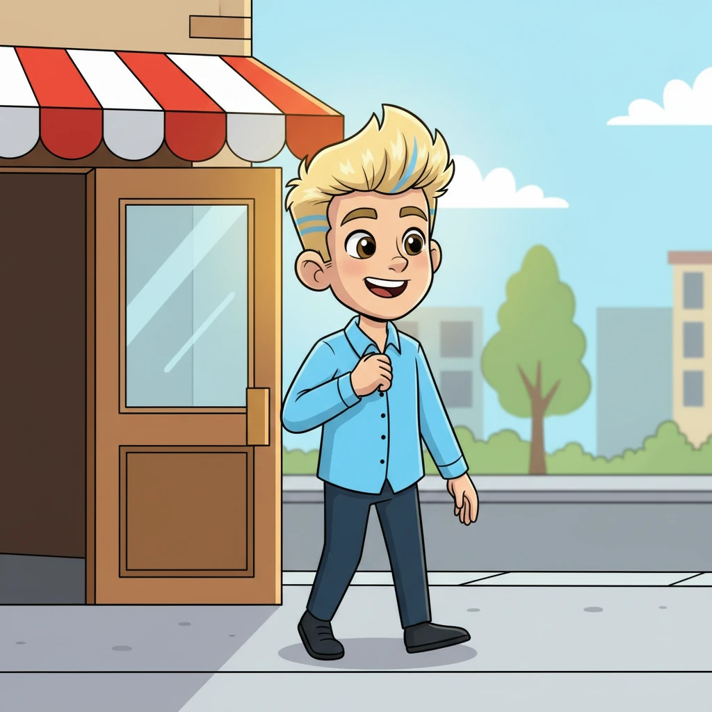 He steps out of the restaurant, the sunlight catching his blonde hair. He takes a moment to adjust his shirt, a subtle, practiced gesture. His smile is as unwavering as ever.