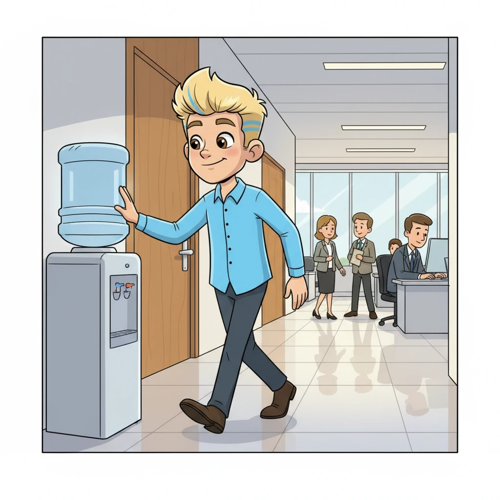 Leo is now walking down a modern office corridor, his stride confident and measured. He passes by other busy professionals, but his focus is singular. His blue shirt stands out against the muted office tones.
