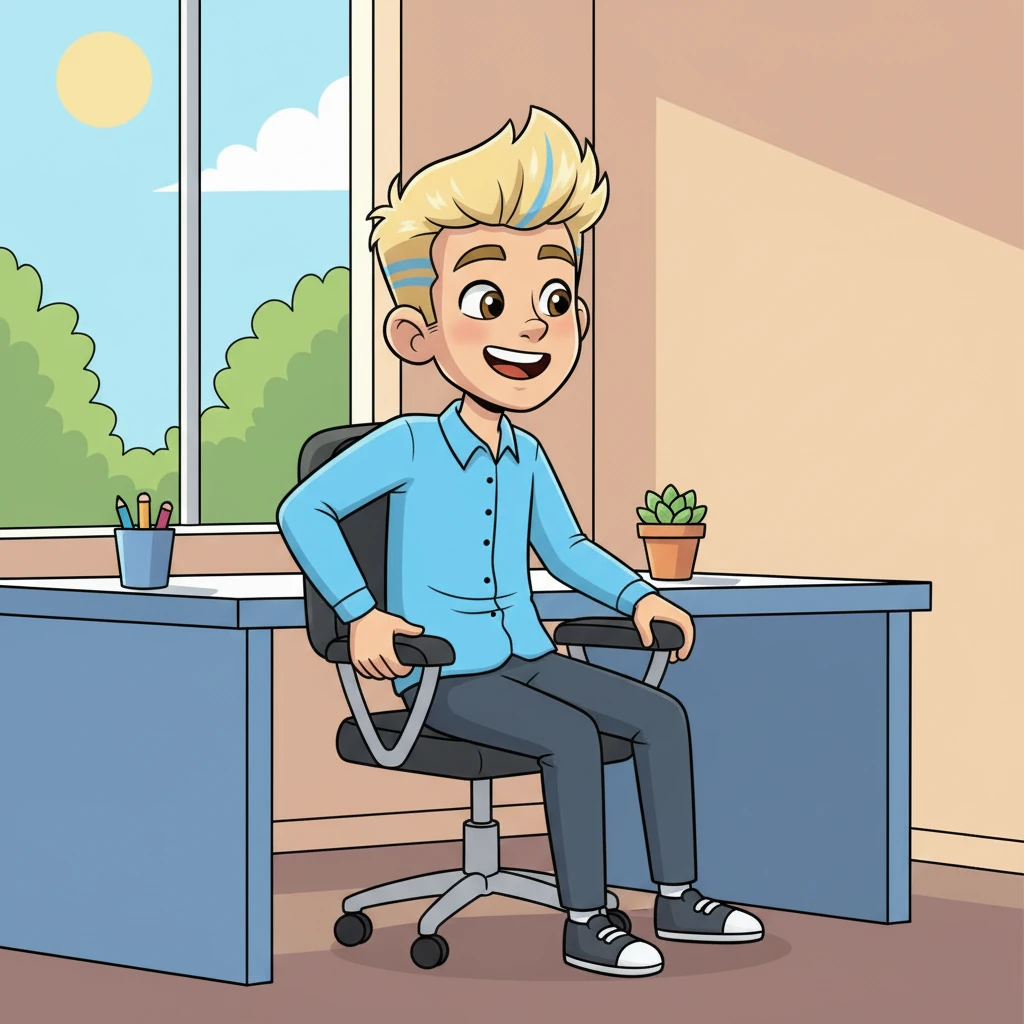 He arrives at his desk, a clean, organized space identical to his computer setup from earlier. He sits down, adjusts his chair, and with one final, slow, and perfectly articulated 'G-o-o-d d-a-y,' he is ready for more work, his smile still shining.