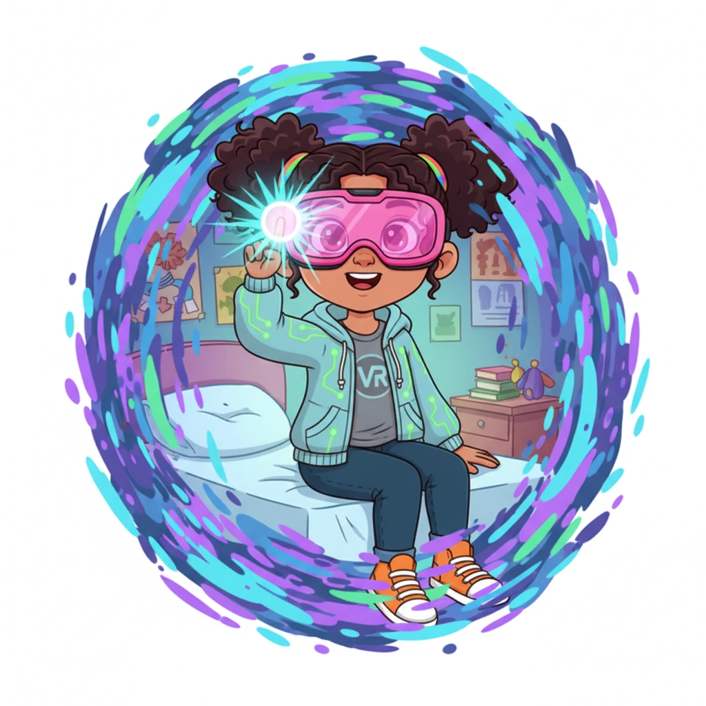 Aruzha, with her bright pink VR glasses on, sat on her bed. Her room, filled with posters and books, vanished as she pressed the 'on' button.