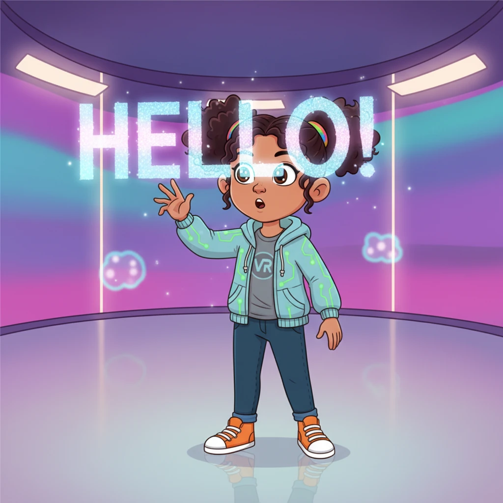 Suddenly, she was standing in a futuristic classroom. The walls pulsed with colorful lights, and holographic words floated gently in the air, spelling out 'HELLO!'.