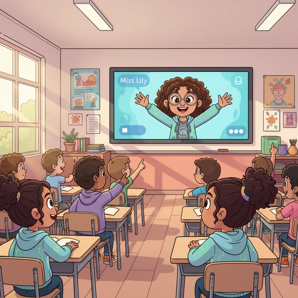 A friendly, cartoon-like avatar of her teacher, Miss Lily, appeared at the front, beaming. "Welcome to our English lesson, class!" she announced, her voice warm and clear.