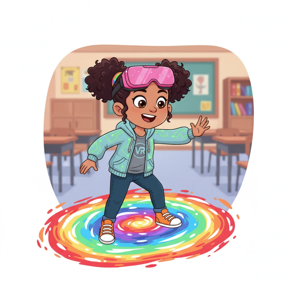 "Today, we will learn new words through a journey!" Miss Lily clicked a button, and the classroom floor shimmered, transforming into a vibrant, swirling portal.